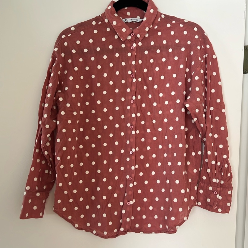 Women’s Zara long sleeve Woven Button Down With Raised Polka Dots